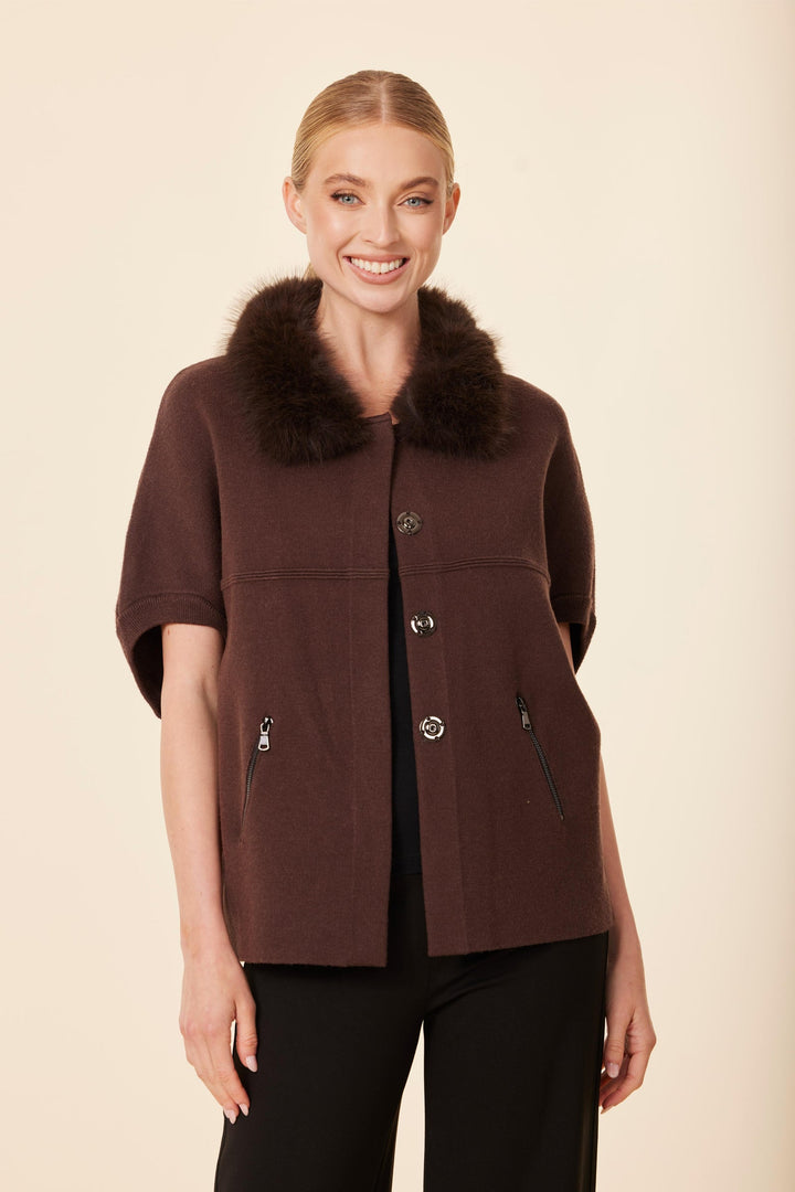 Faux Fur Collar Short Sleeve Cardigan in Espresso