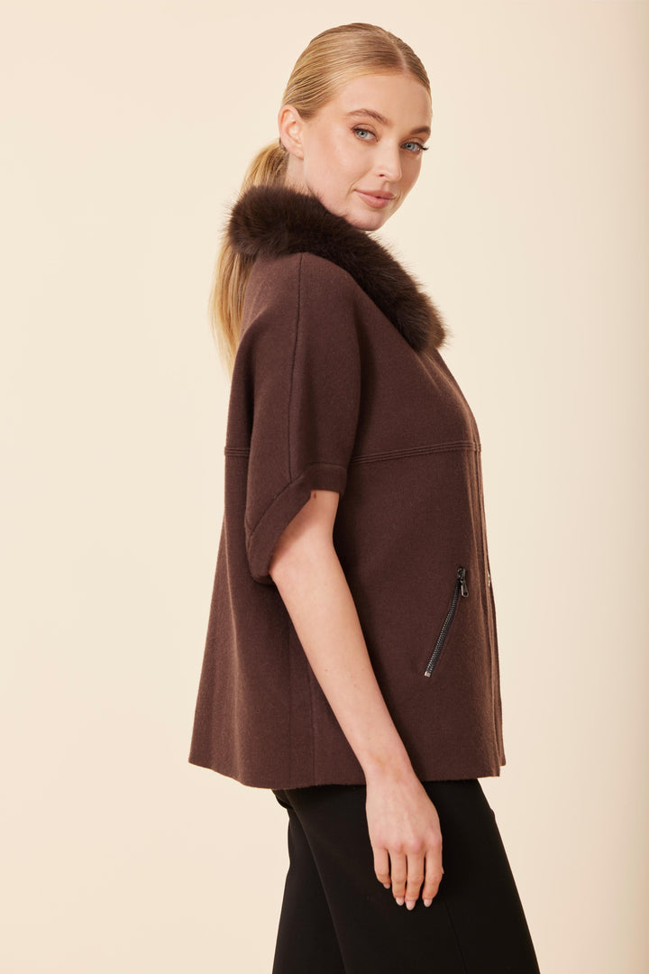 Faux Fur Collar Short Sleeve Cardigan in Espresso
