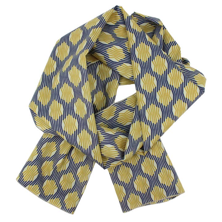 Cotton Voile Scarf in Mustard and Navy Geometric