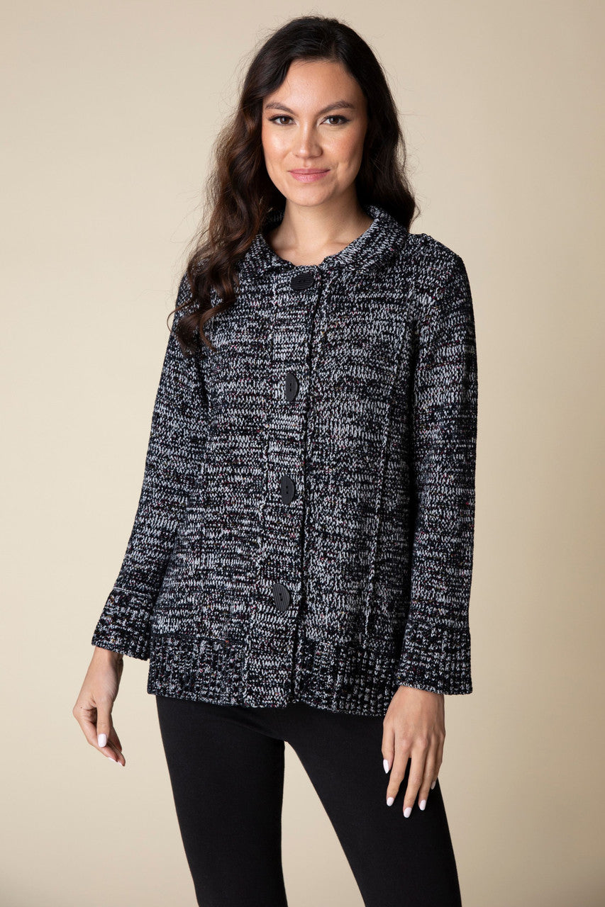 Tweedy Chenille Swing Cardigan in Black and White