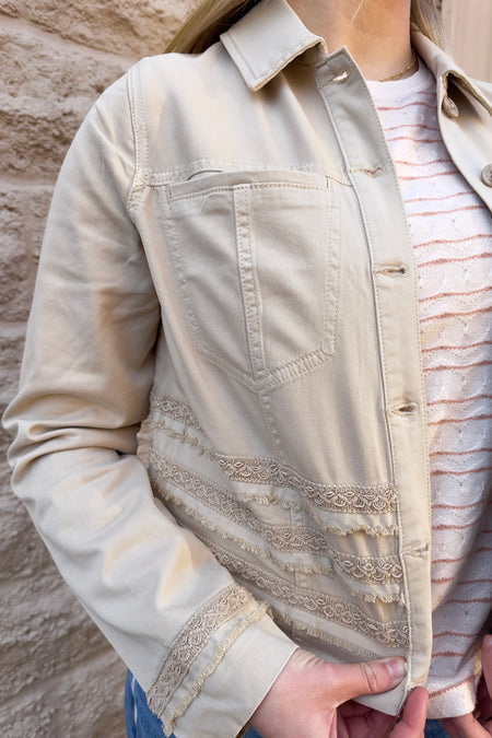 Trucker Jacket with Fray & Lace by Liverpool in Safari Sands