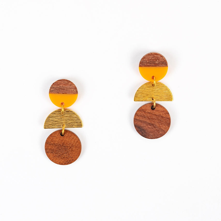 Wood Disk Stack Earrings in Orange