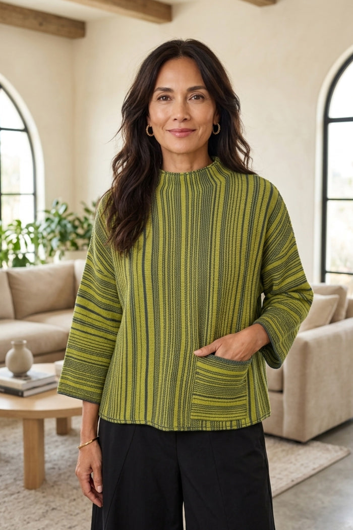 Reverse Stripe Funnel Neck Sweater in Spruce