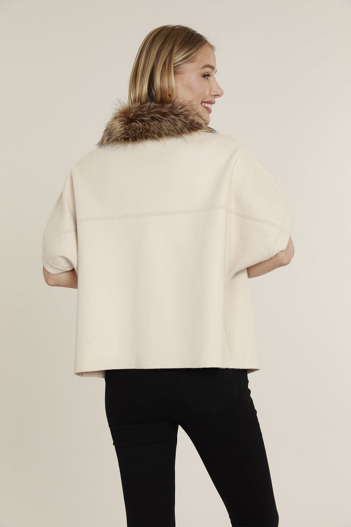 Faux Fur Collar Short Sleeve Cardigan in Creme/Chestnut