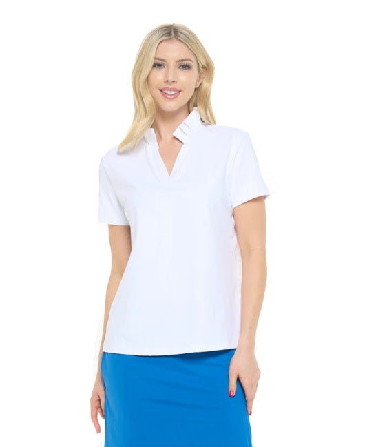 White Charlotte Pleated Collar Polo Top