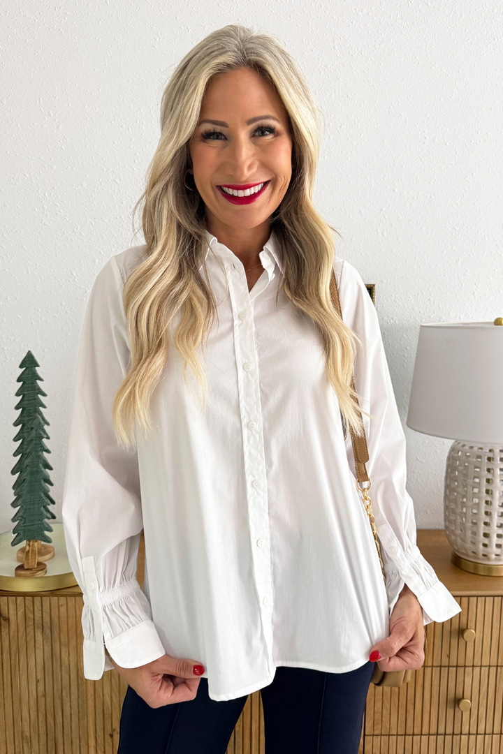 Adjustable Sleeve Button Front Woven Top in White