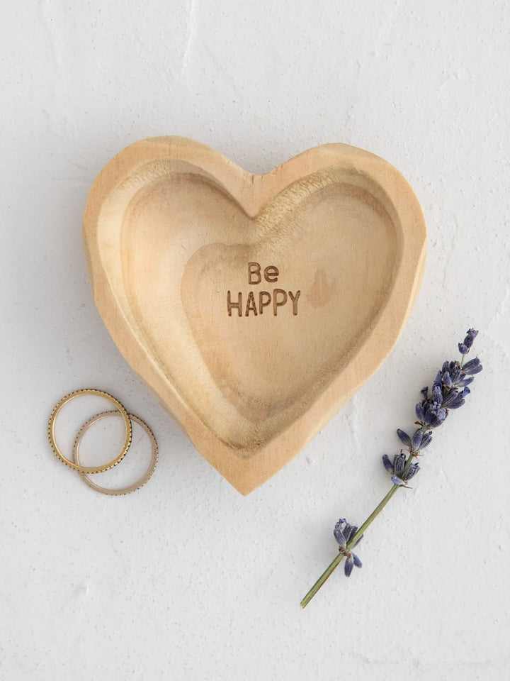 Wooden Heart Trinket Jewelry Dish - Be Happy