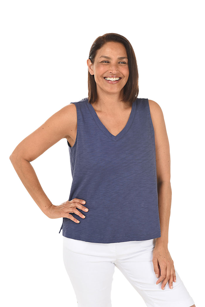 Cotton Slub V-Neck Tank in Navy