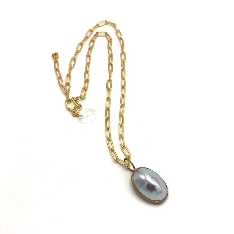 Silver Grey Shell Pearl Oval Gold Layering Necklace