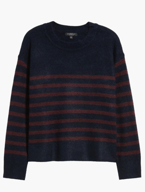 Stripe Drop Shoulder Sweater in Burgundy/ Navy Stripe