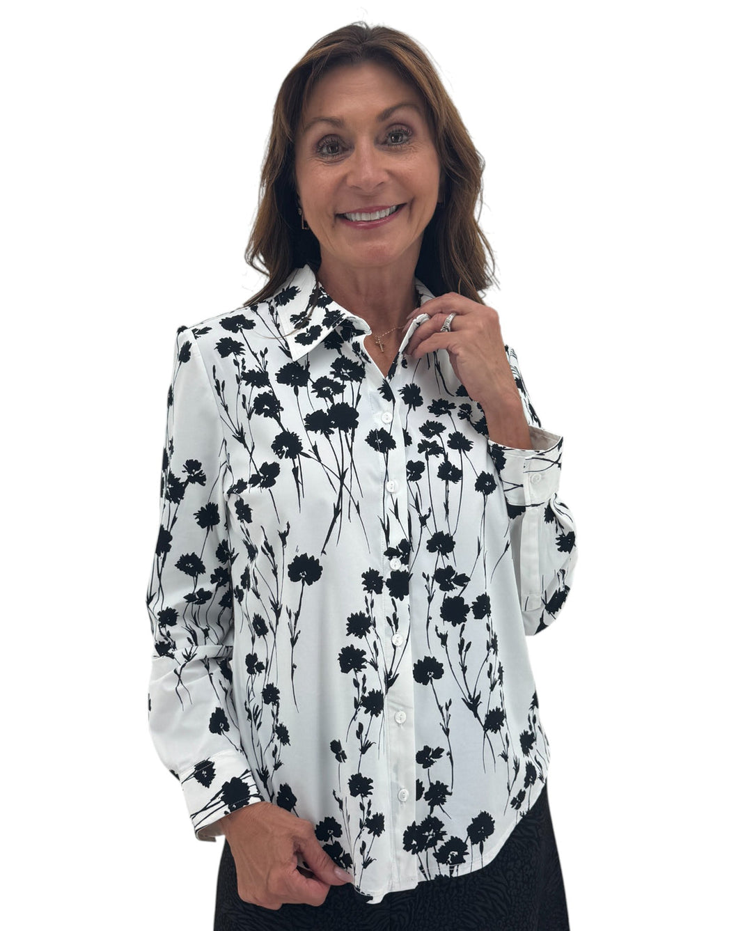 Button Front Knit Shirt in White/Black