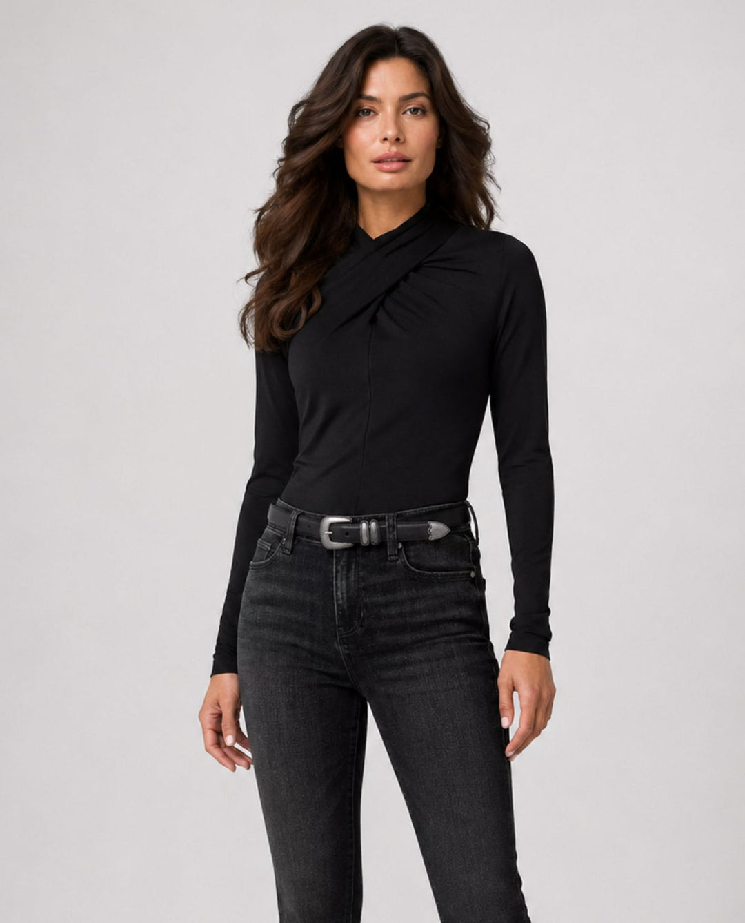 Long Sleeve Wrap Neck Knit Top in Black