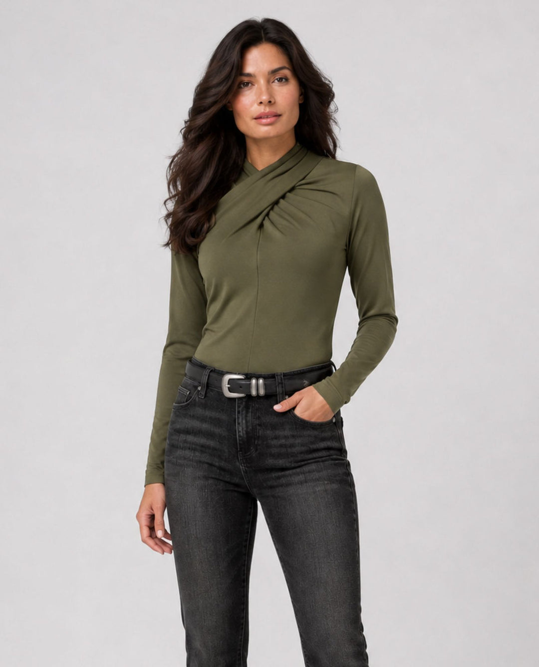 Long Sleeve Wrap Neck Knit Top in Hunter Green