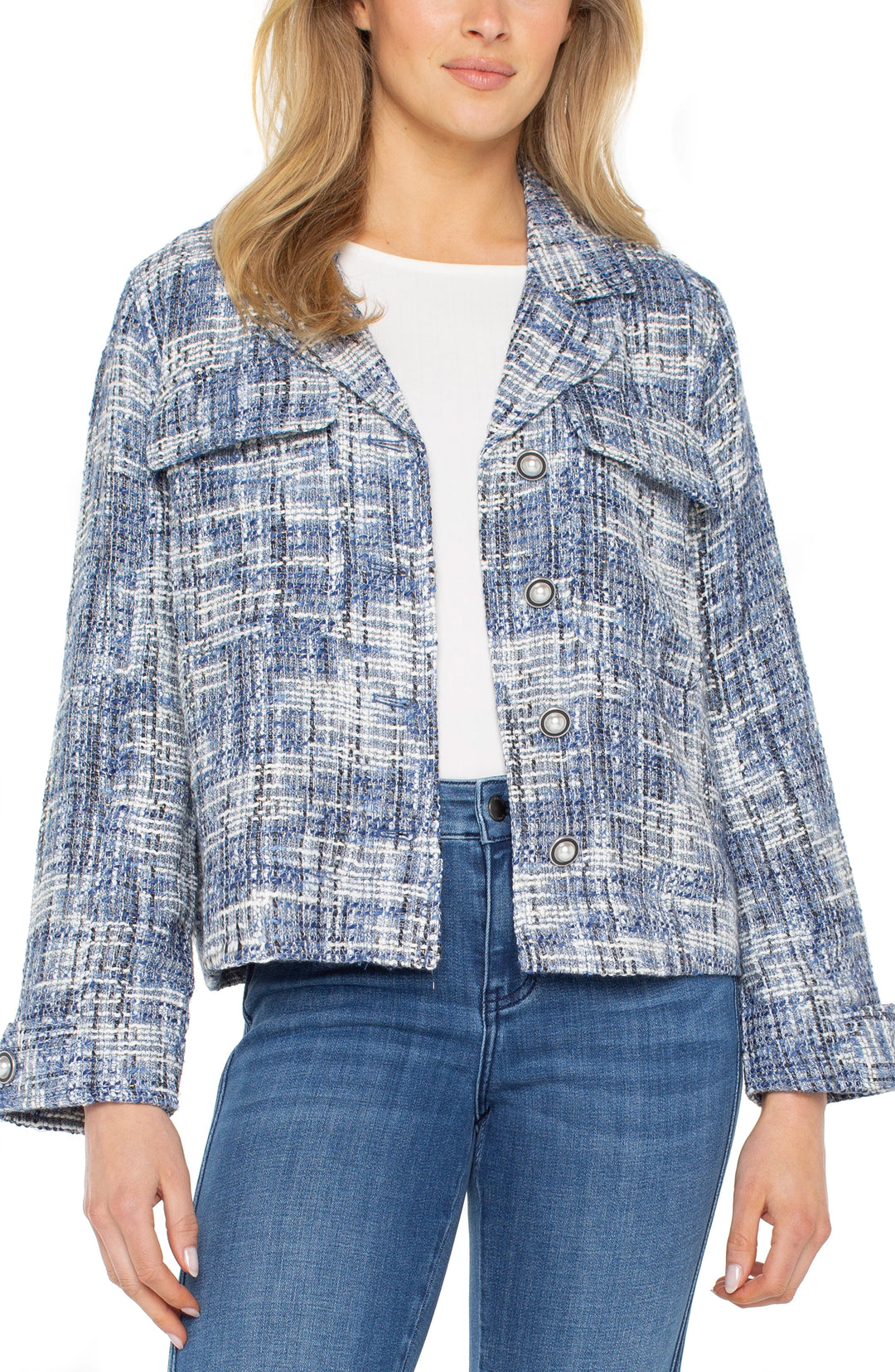 Button Front Boxy Shacket in Blue Multi