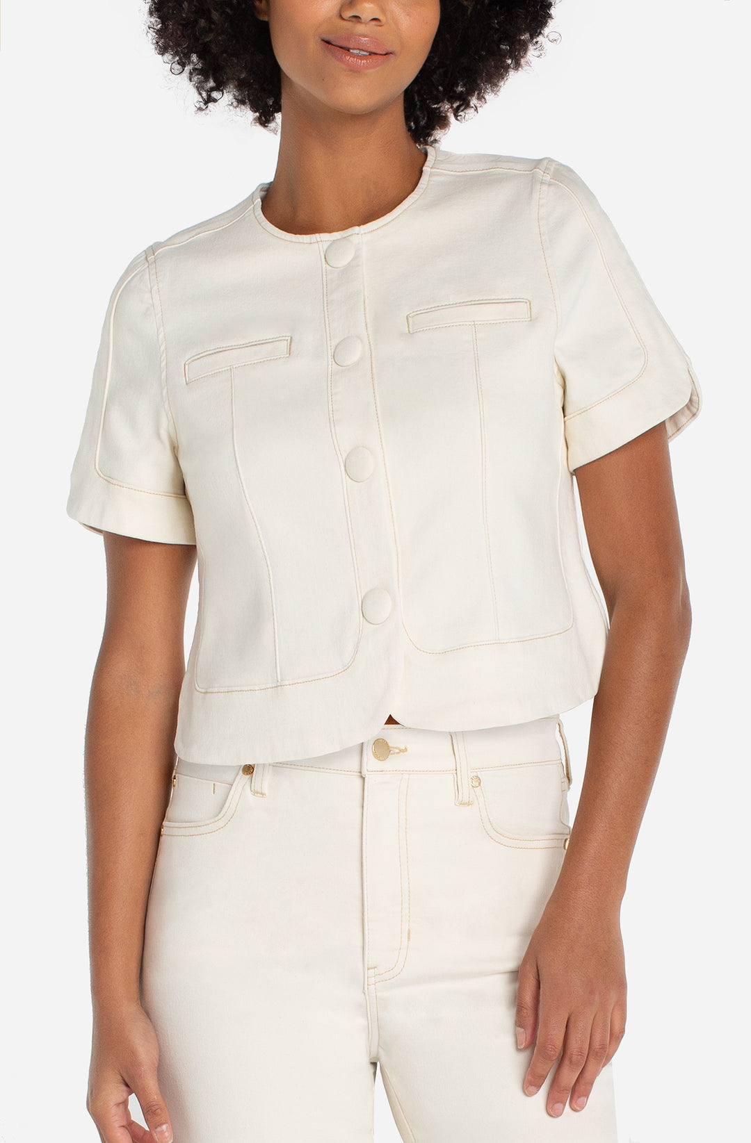 Collarless Short Sleeve Cropped Jacket in Desert Dunes