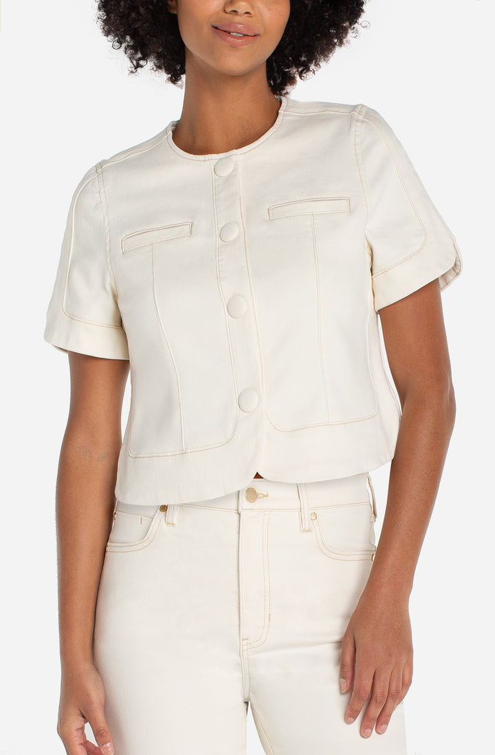 Collarless Short Sleeve Cropped Jacket in Desert Dunes
