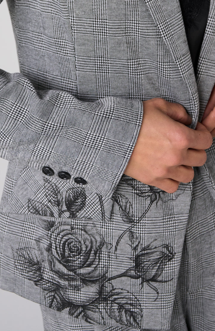 Plaid Tailored Blazer with Roses