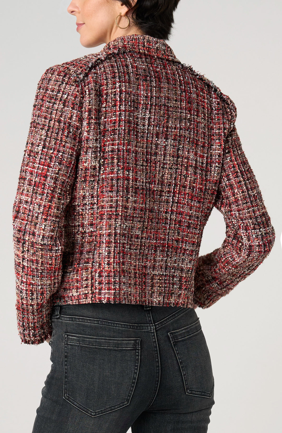 Zip Jacket With Fringe in Red Multi
