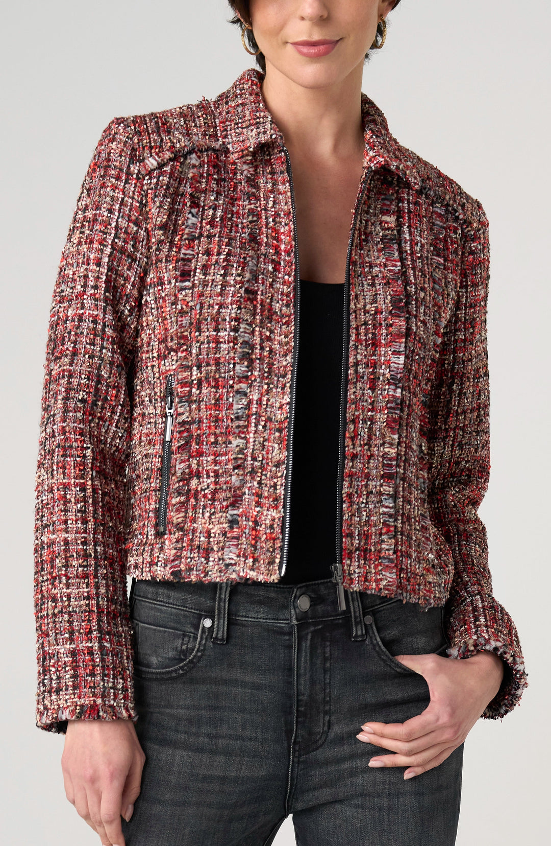 Zip Jacket With Fringe in Red Multi