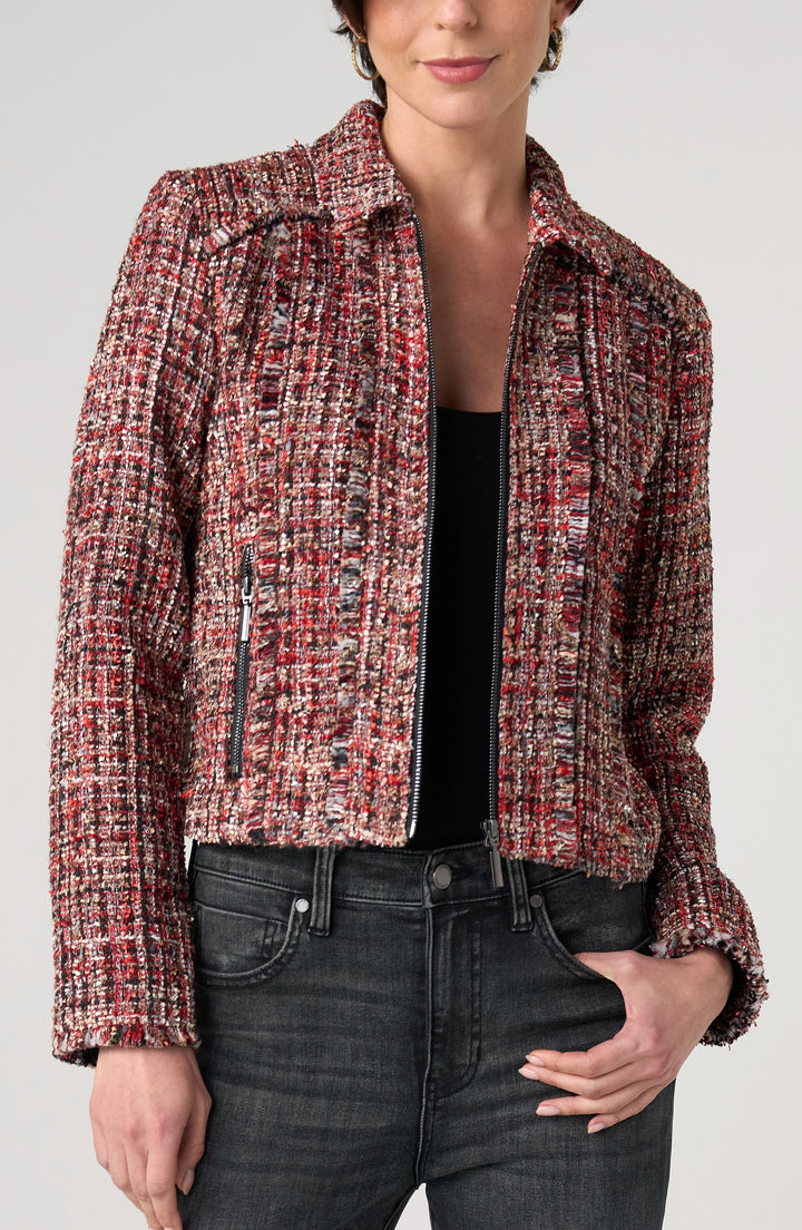 Zip Jacket With Fringe in Red Multi