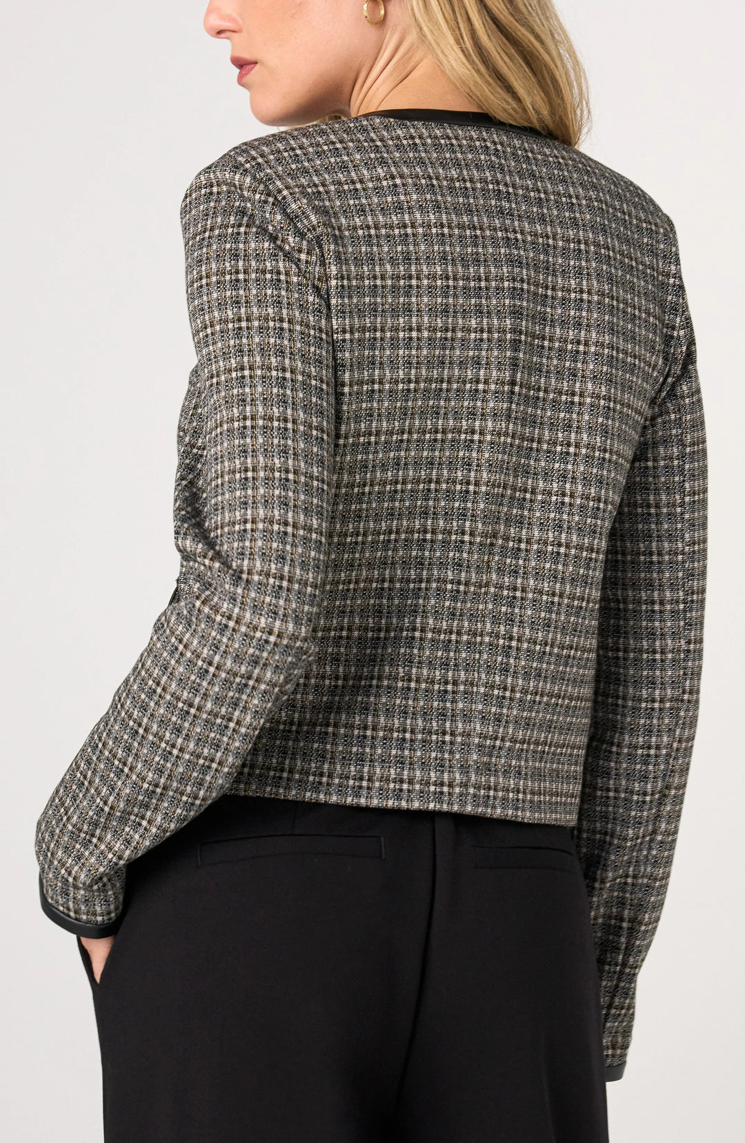 Collarless Lady Jacket in Black Tan Mini Check