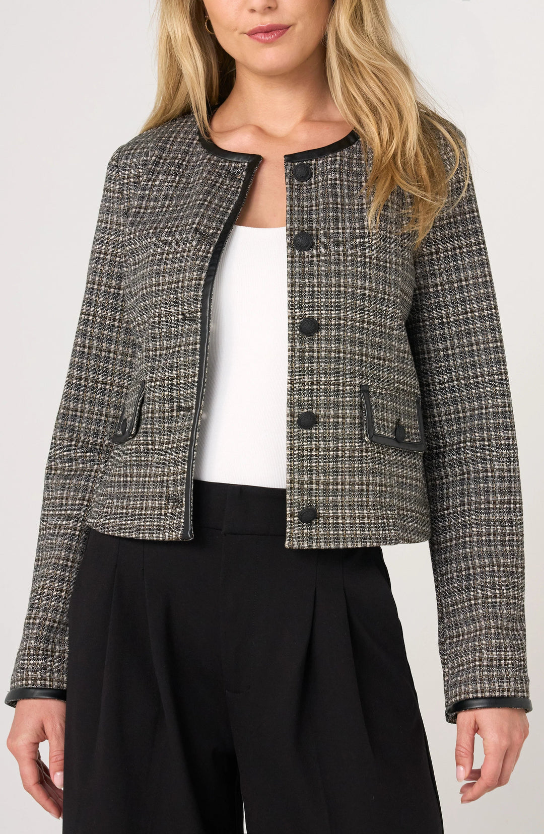 Collarless Lady Jacket in Black Tan Mini Check