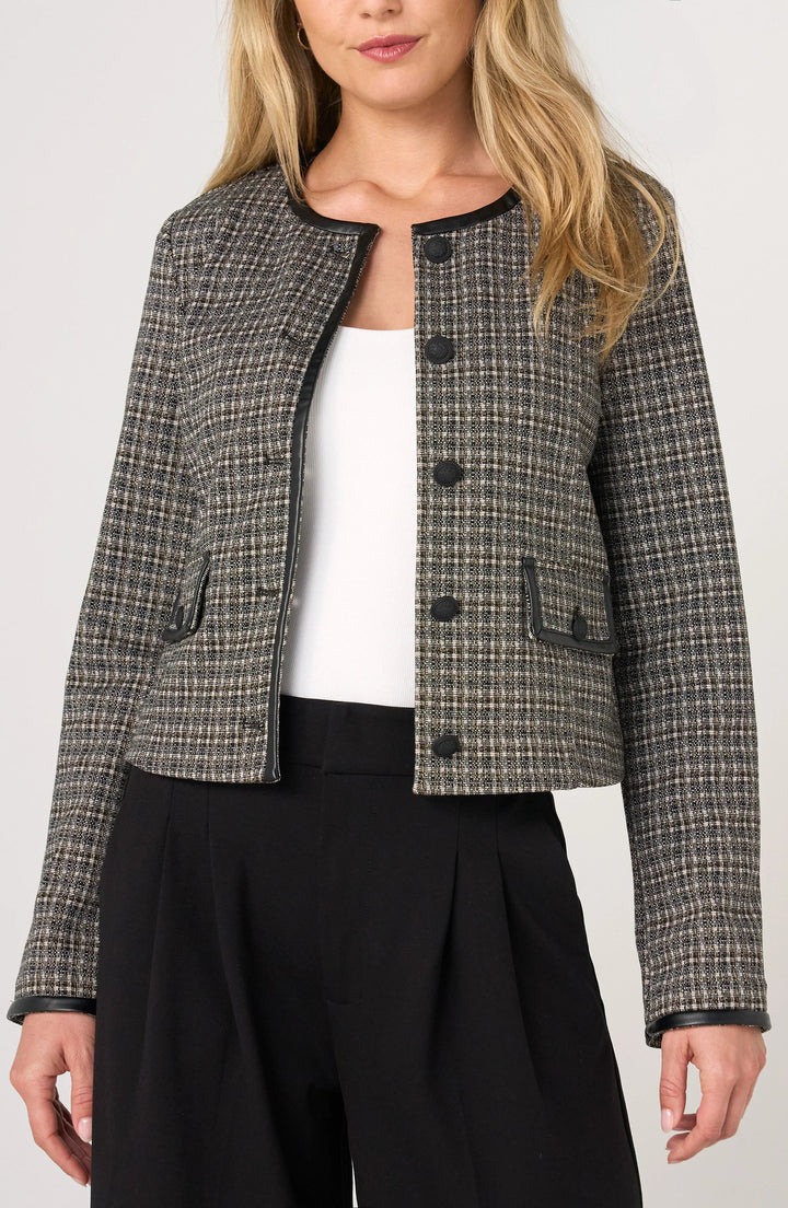 Collarless Lady Jacket in Black Tan Mini Check