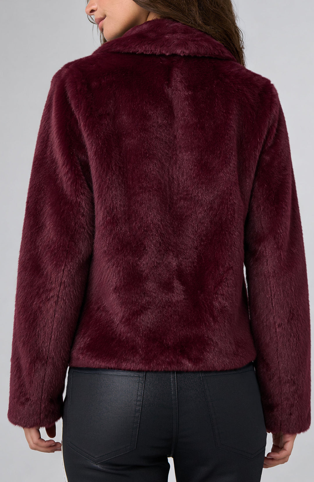 Collared Faux Fur Jacket in Dark Oxblood