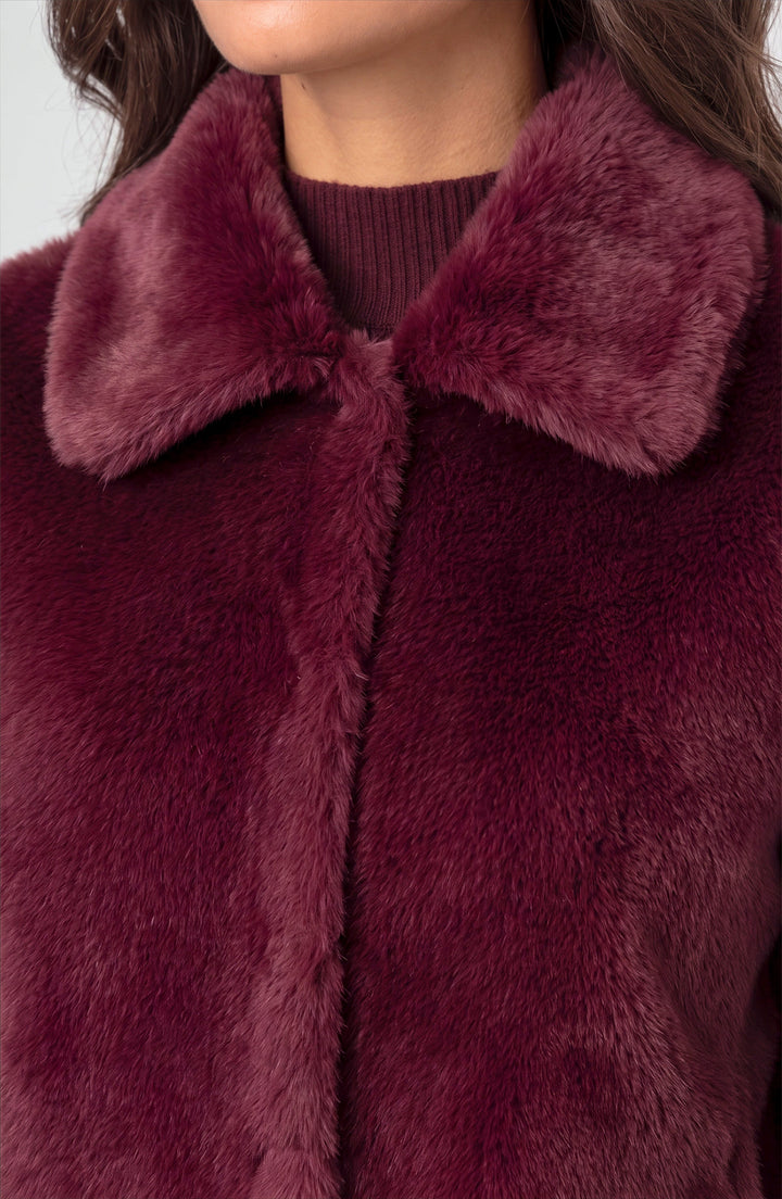 Collared Faux Fur Jacket in Dark Oxblood