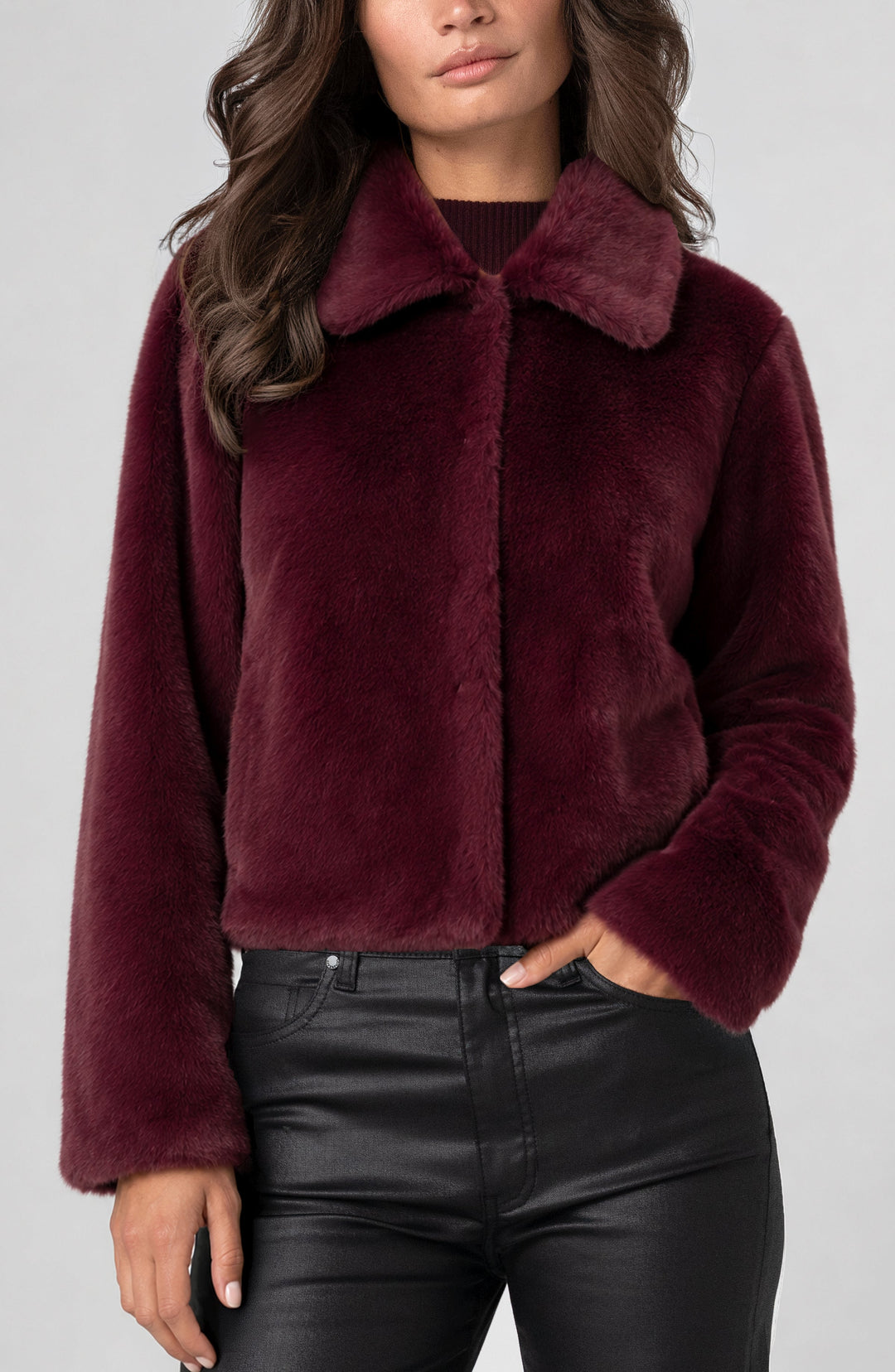 Collared Faux Fur Jacket in Dark Oxblood
