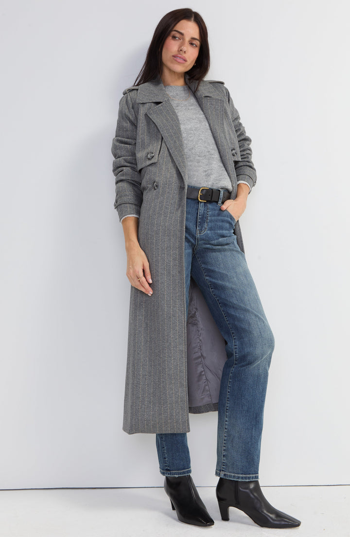 Maxi Belted Trench Coat in Heather Grey Ticking Stripe