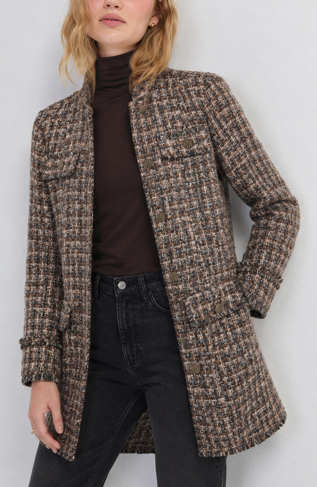 Mandarin Collar Lady Coat in Taupe Multi