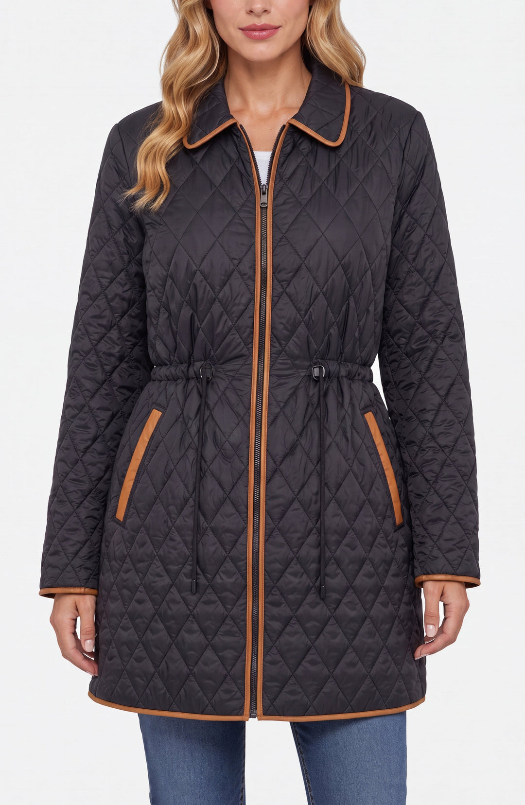 Quilted Coat W/ Cinched Waist in Black