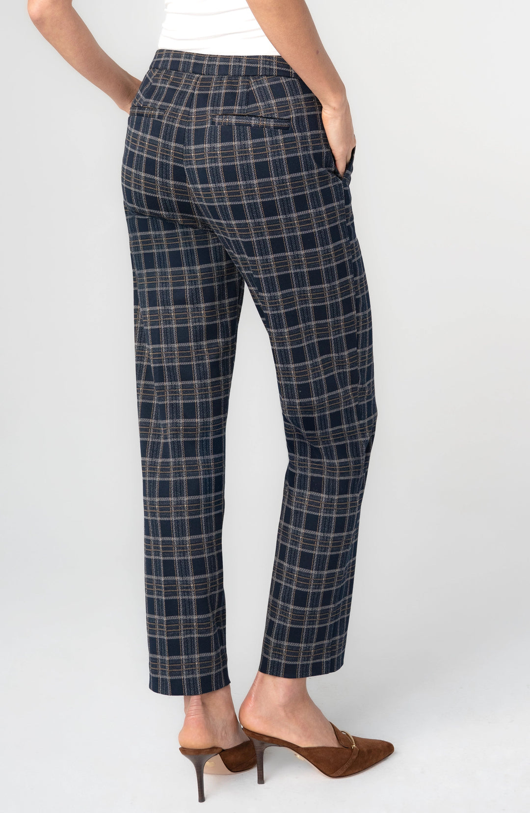 Kayla Pull-on Trouser in Navy Tan Plaid