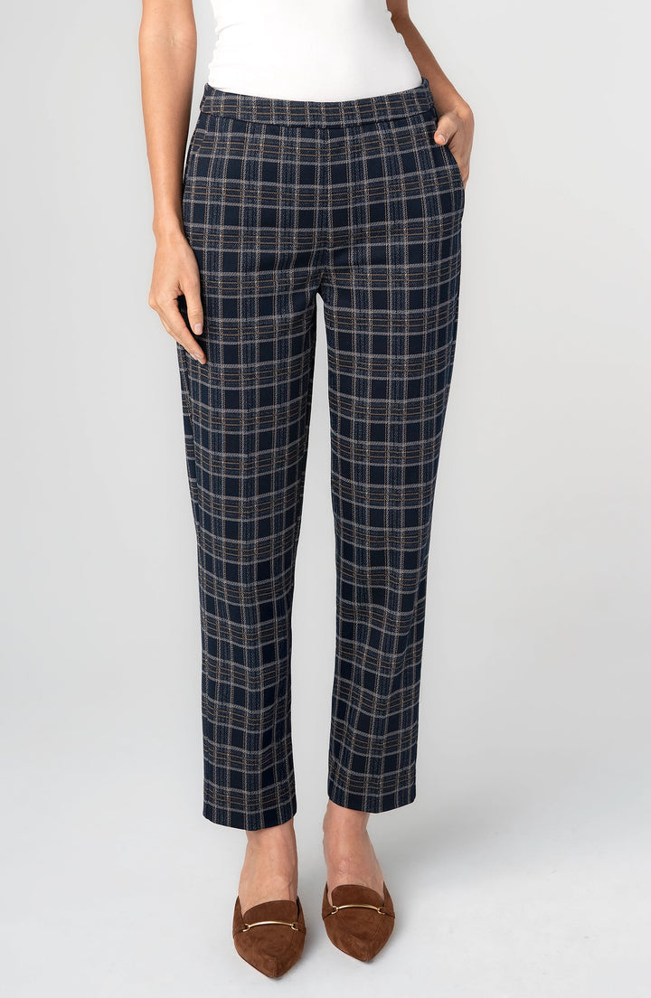 Kayla Pull-on Trouser in Navy Tan Plaid