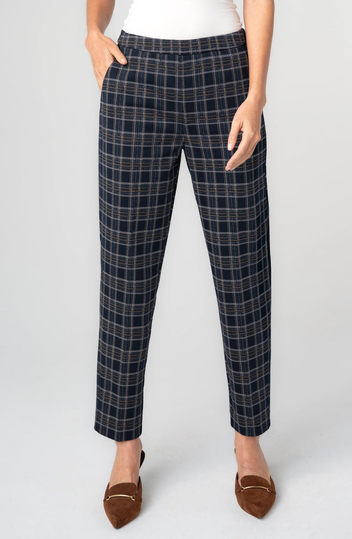 Kayla Pull-on Trouser in Navy Tan Plaid