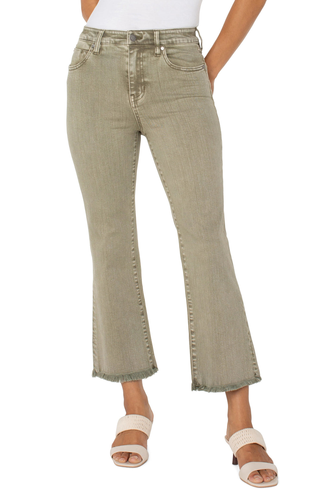Hannah Crop Flare With Fray Hem in Mineral Olive