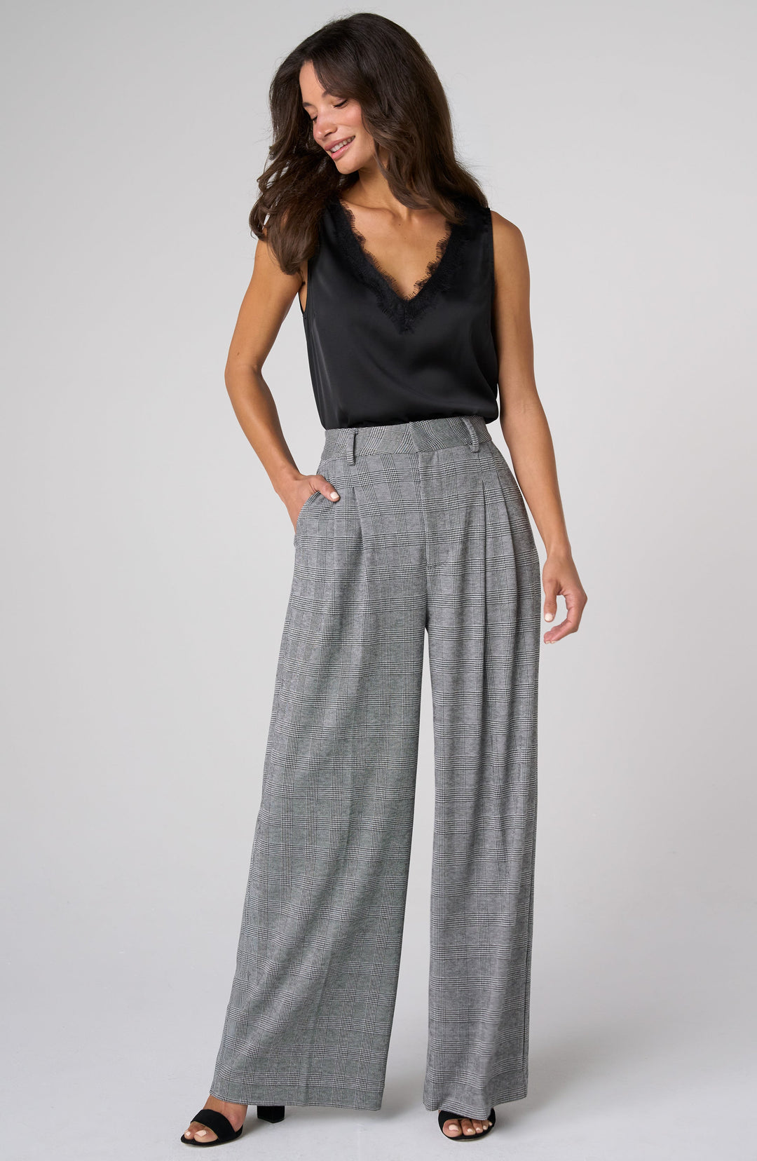 Brooke High Rise Wide Leg Trouser in Black White Glen Plaid