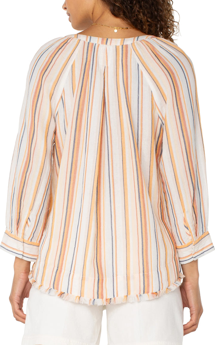 3/4 Sleeve Raglan Top W/ Fray Hem in Orange Multi Stripe