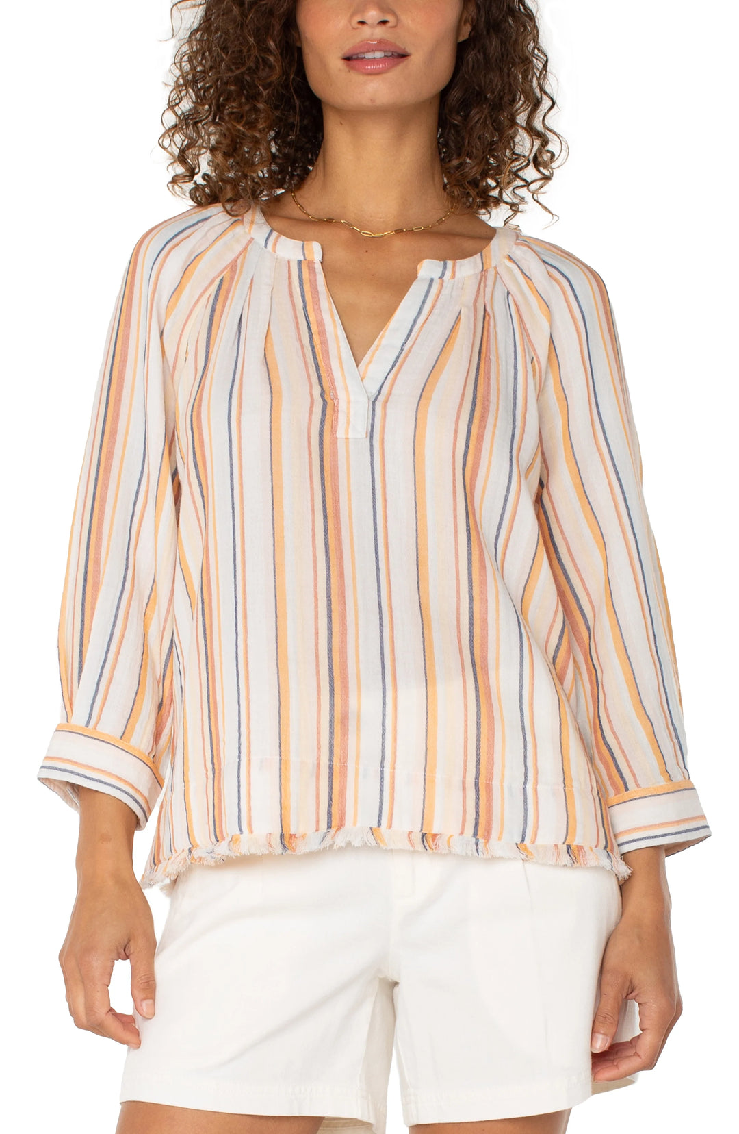 3/4 Sleeve Raglan Top W/ Fray Hem in Orange Multi Stripe