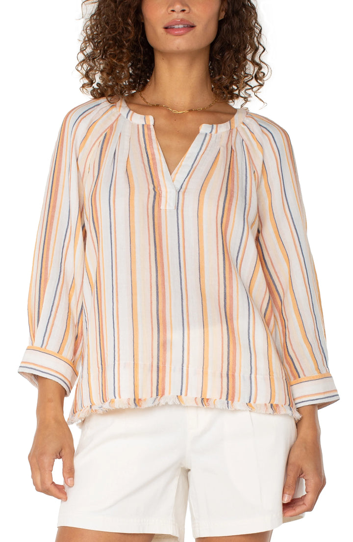 3/4 Sleeve Raglan Top W/ Fray Hem in Orange Multi Stripe