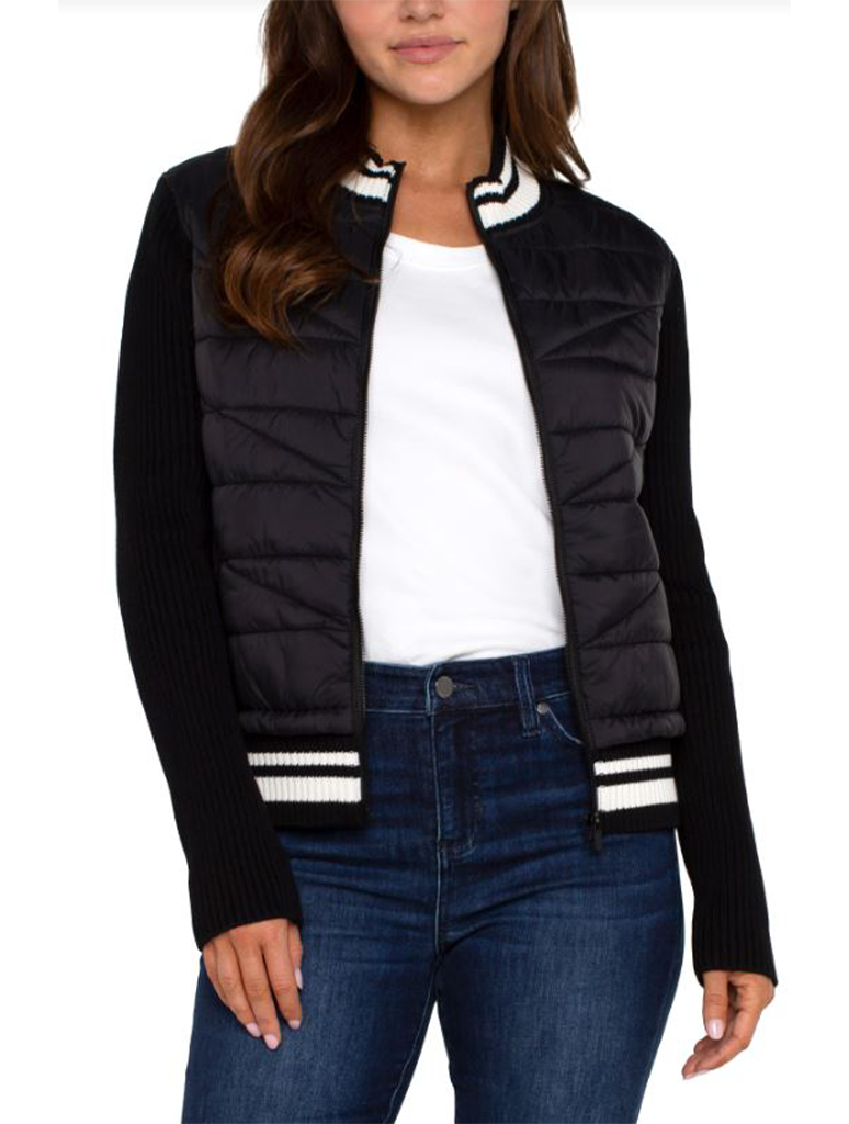 Quilted Front Zip Sweater With Stripes in Black