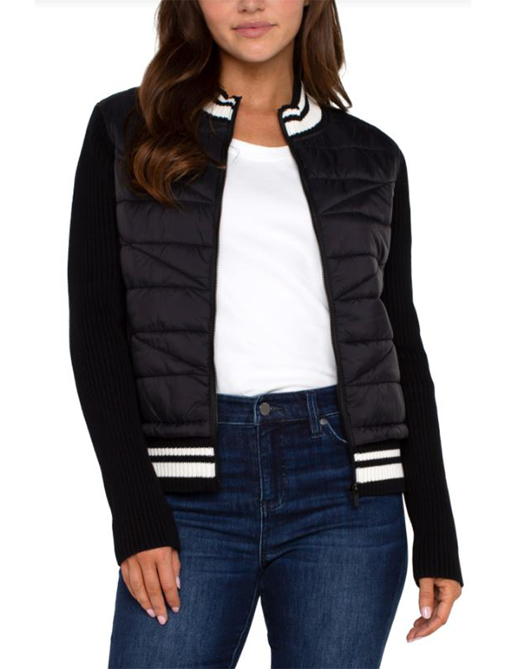 Quilted Front Zip Sweater With Stripes in Black