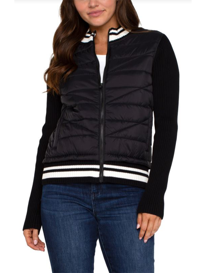 Quilted Front Zip Sweater With Stripes in Black