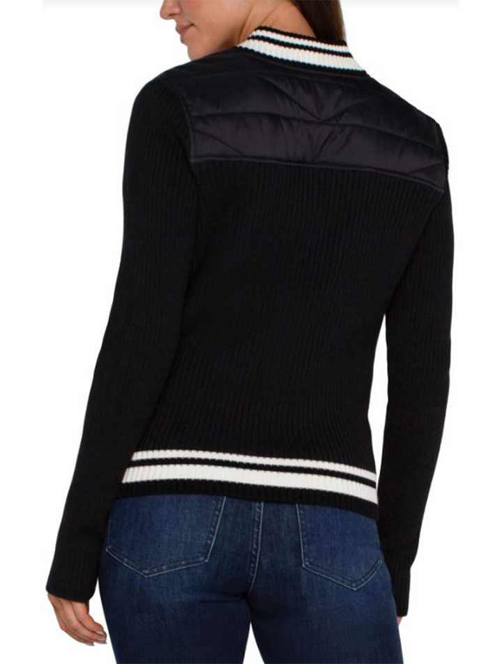 Quilted Front Zip Sweater With Stripes in Black