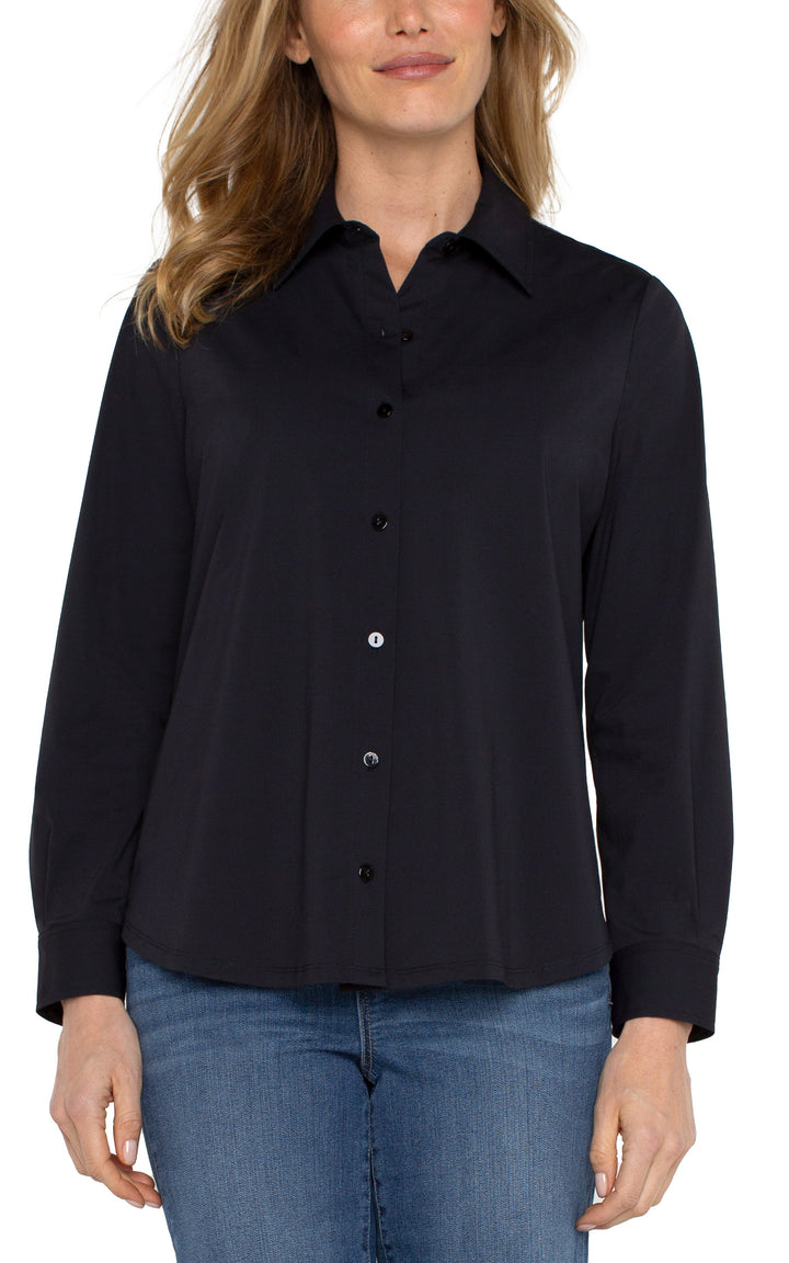Long Sleeve Button Front Knit Shirt in Black
