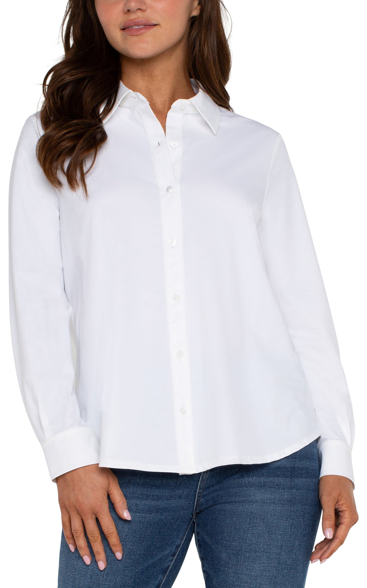 Long Sleeve Button Front Knit Shirt in White