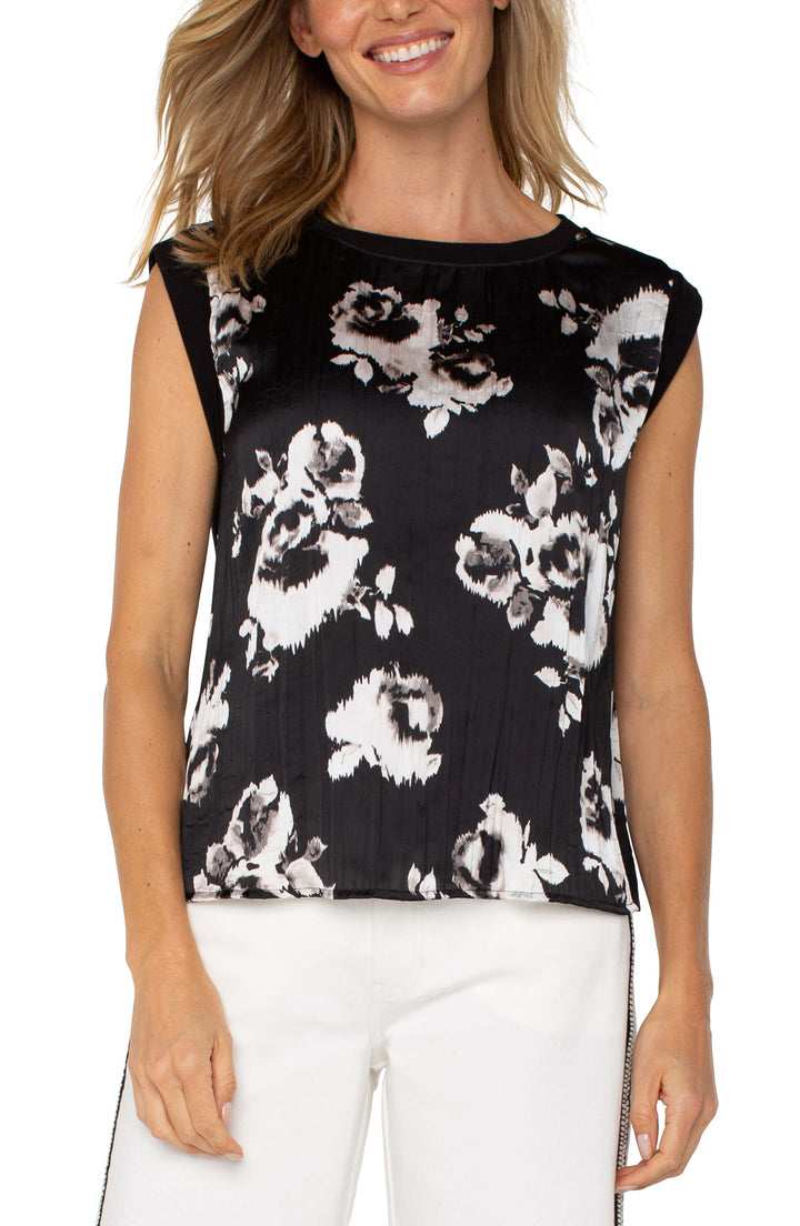Sleeveless Woven Knit Top in Black and White Floral