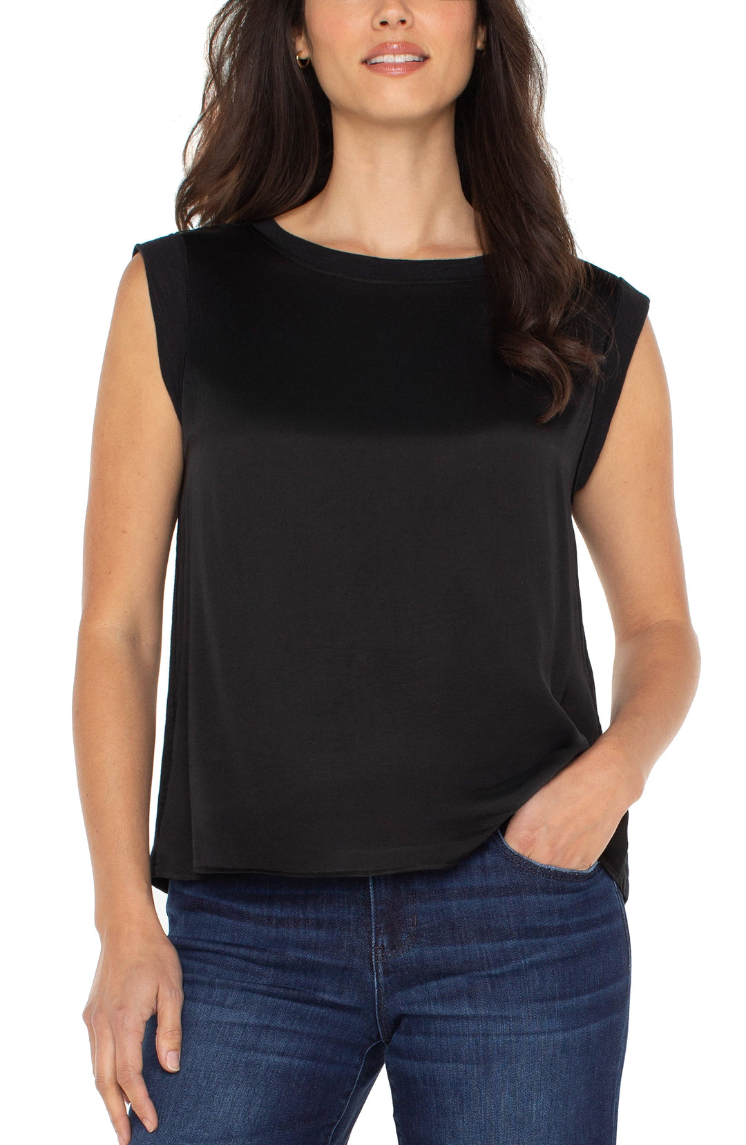 Sleeveless Woven To Knit Top in Black