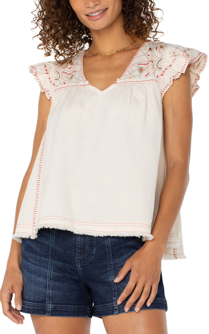Flutter Sleeve V-neck Blouse in Bone